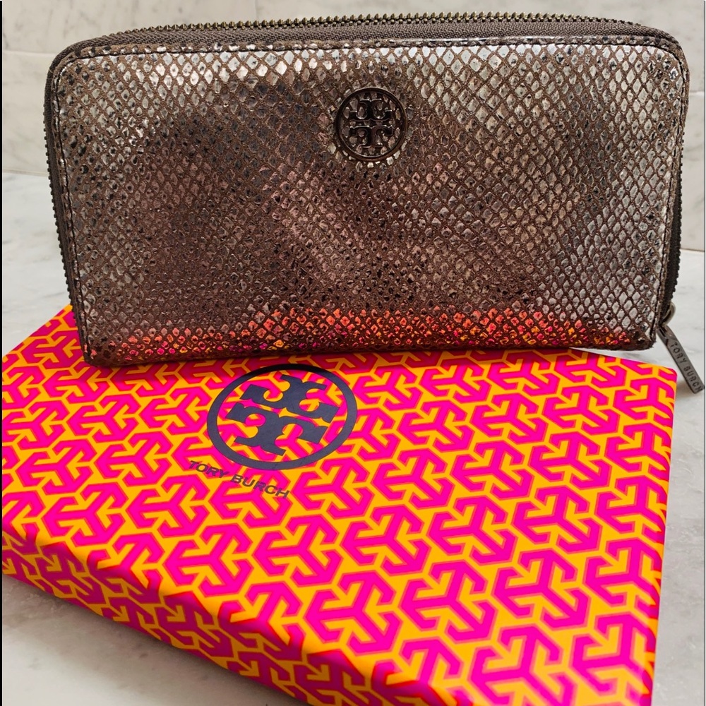 Tory Burch Silver Snakeskin Continental Wallet